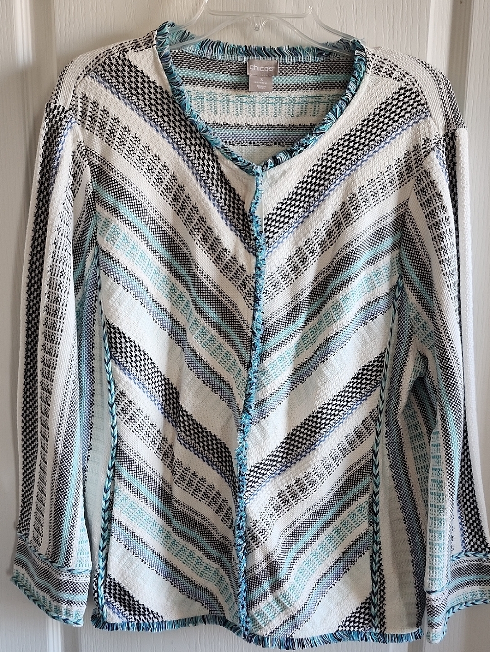 Chico's Cream, Teal & Black Striped Open-Front Knit Jacket